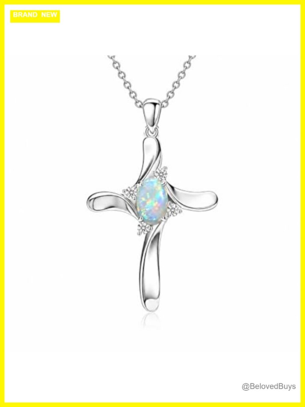14K White Gold Plated Cross Pendant Necklace with White Opal & CZ, 18 Inch